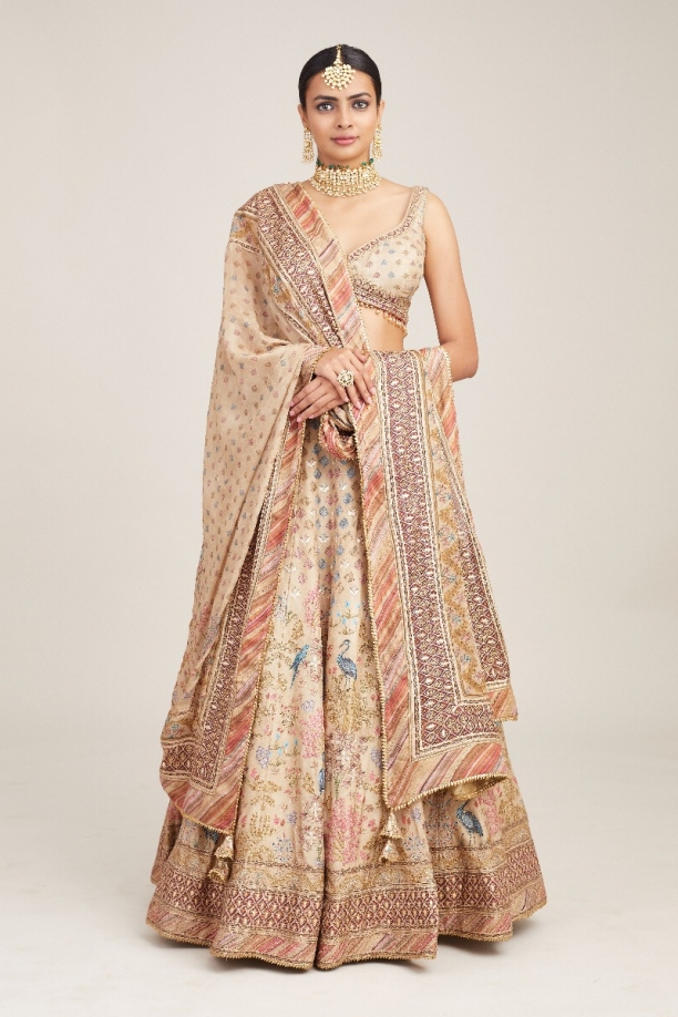 Beige Floral Design Silk Lehenga