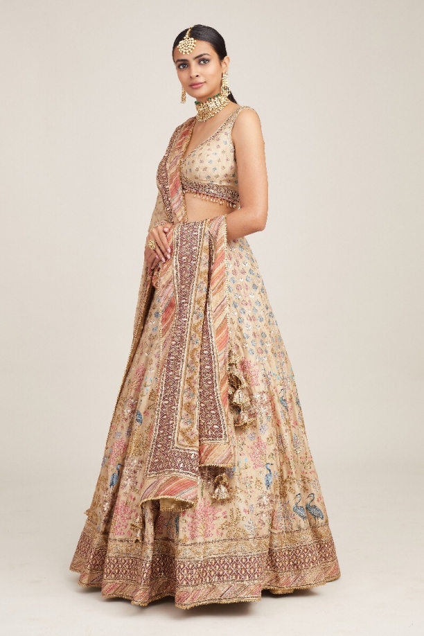 Beige Floral Design Silk Lehenga