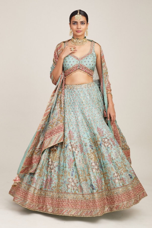 Blue Floral Design Silk Lehenga