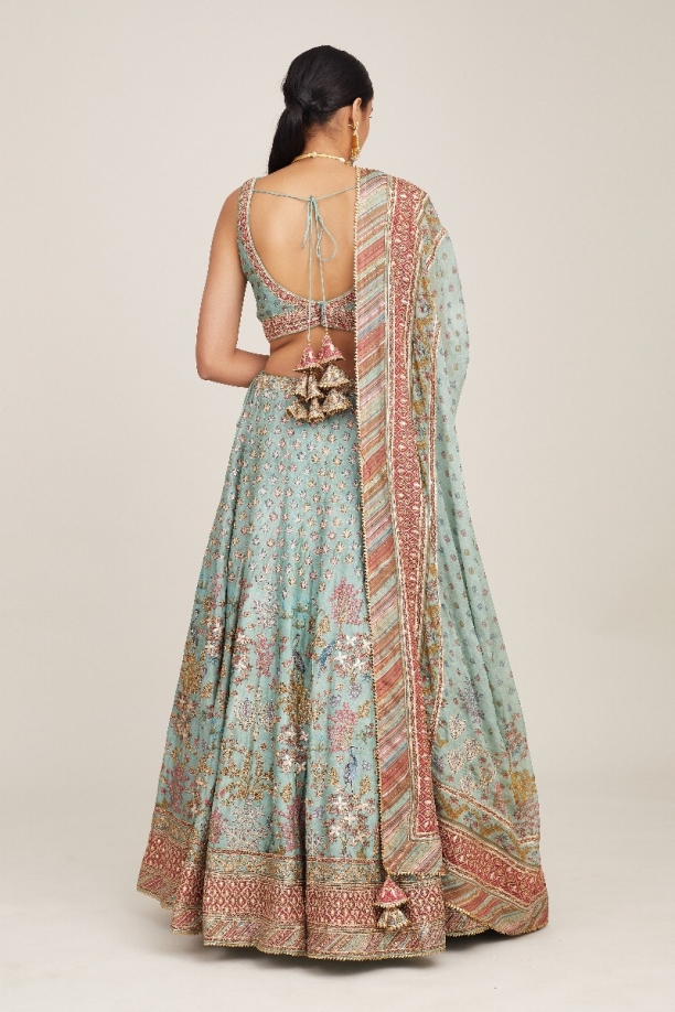 Blue Floral Design Silk Lehenga